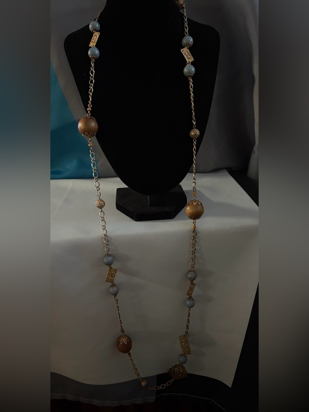 Gold and Gray Beaded Long Necklace - Women's Jewelry